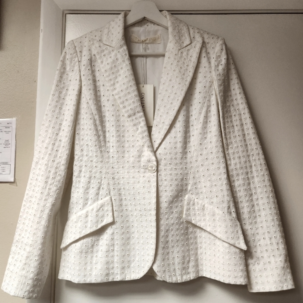 VALENTINO NWT White Eyelet Cotton Blend Blazer Jacket Italy Size 6 - Picture 3 of 17
